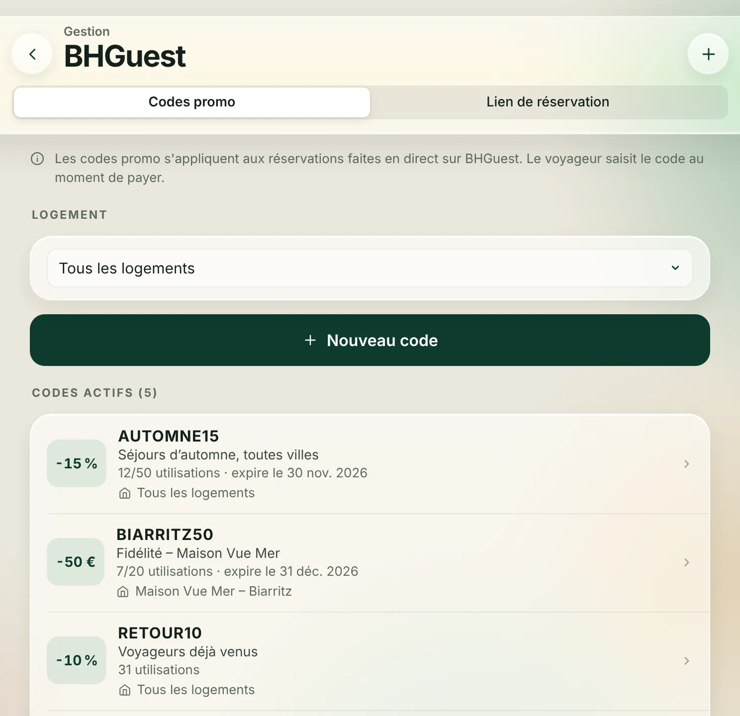 Codes promo BHGuest dans Boostinghost : remise en pourcentage ou en euros, nombre d’utilisations et logements concernés