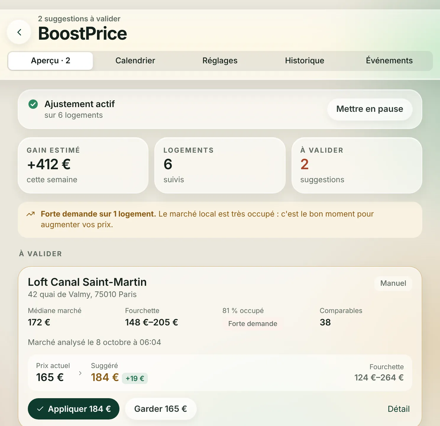 BoostPrice dans Boostinghost : prix suggéré à valider pour un logement, calculé à partir de la médiane du marché et de la demande locale