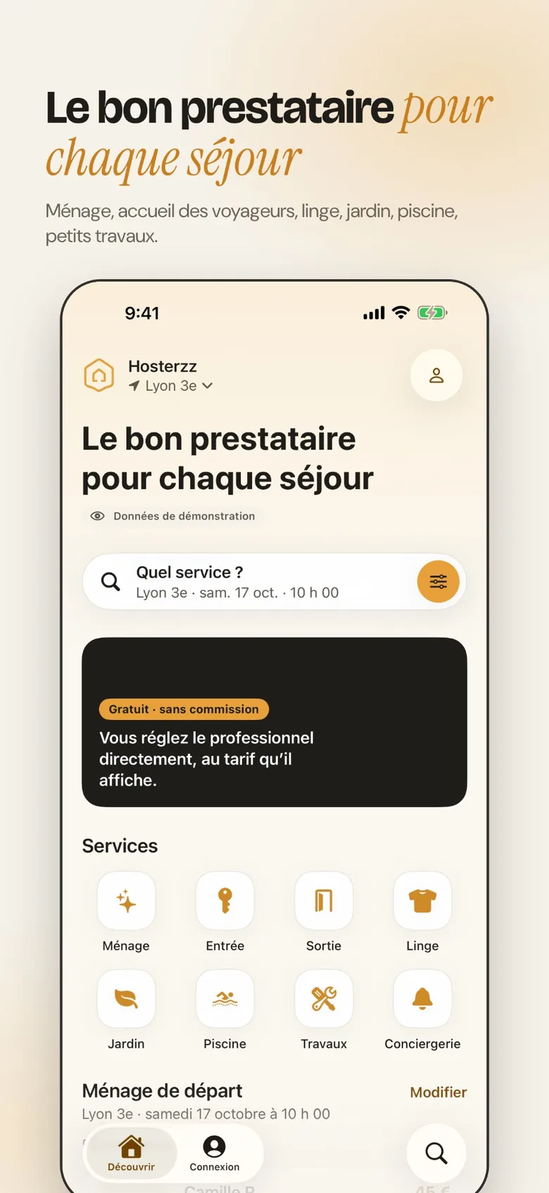 Écran d’accueil de l’application Hosterzz avec la recherche par service, secteur et créneau, et les services ménage, entrée, sortie, linge, jardin, piscine, travaux et conciergerie (données de démonstration)