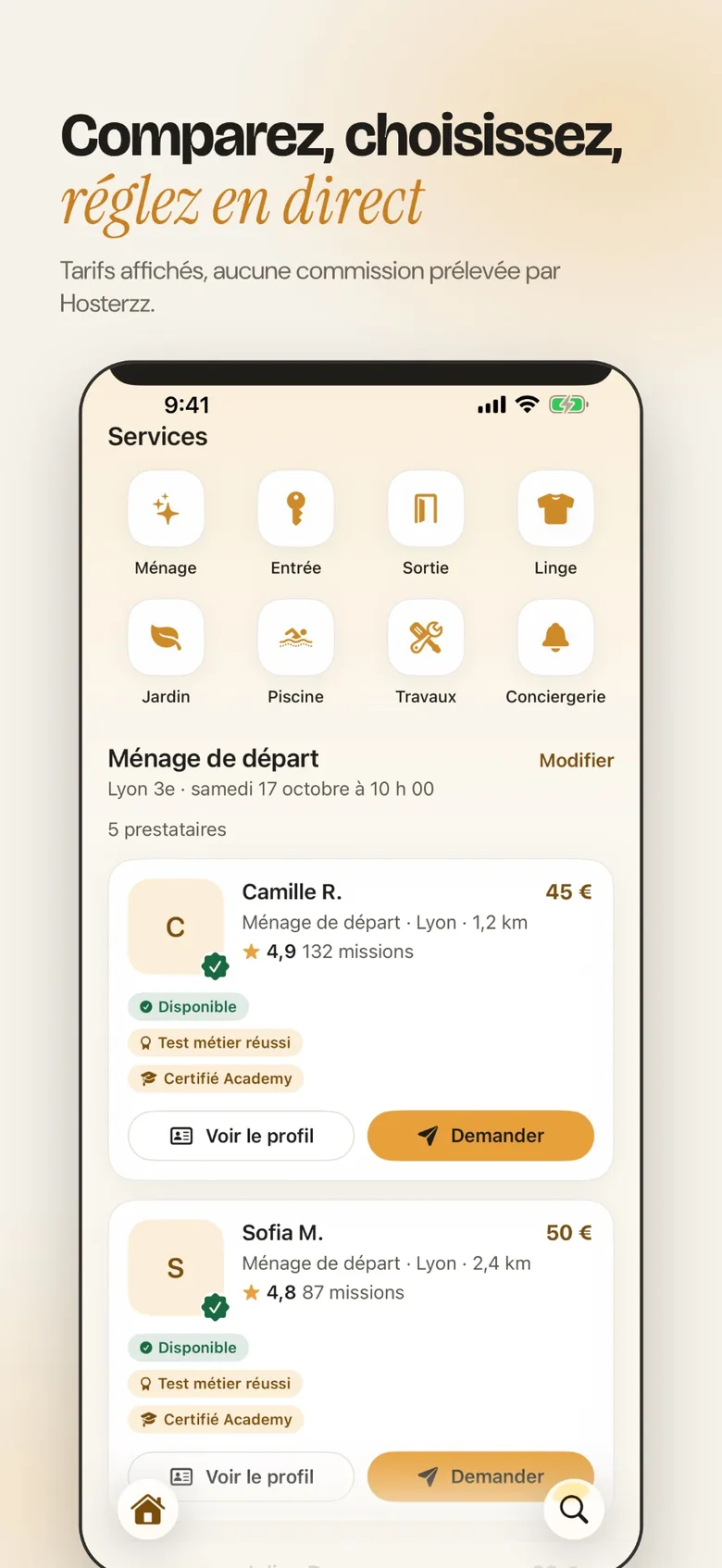 Liste de prestataires Hosterzz pour un ménage de départ à Lyon : tarif, distance, note, nombre de missions et badges Disponible, Test métier réussi et Certifié Academy (données de démonstration)