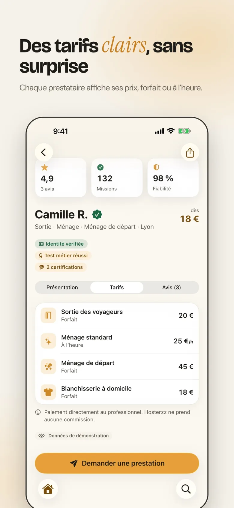 Profil d’un prestataire sur Hosterzz : note, nombre de missions, fiabilité, identité vérifiée, test métier réussi, certifications et onglet Tarifs avec prix au forfait et à l’heure (données de démonstration)