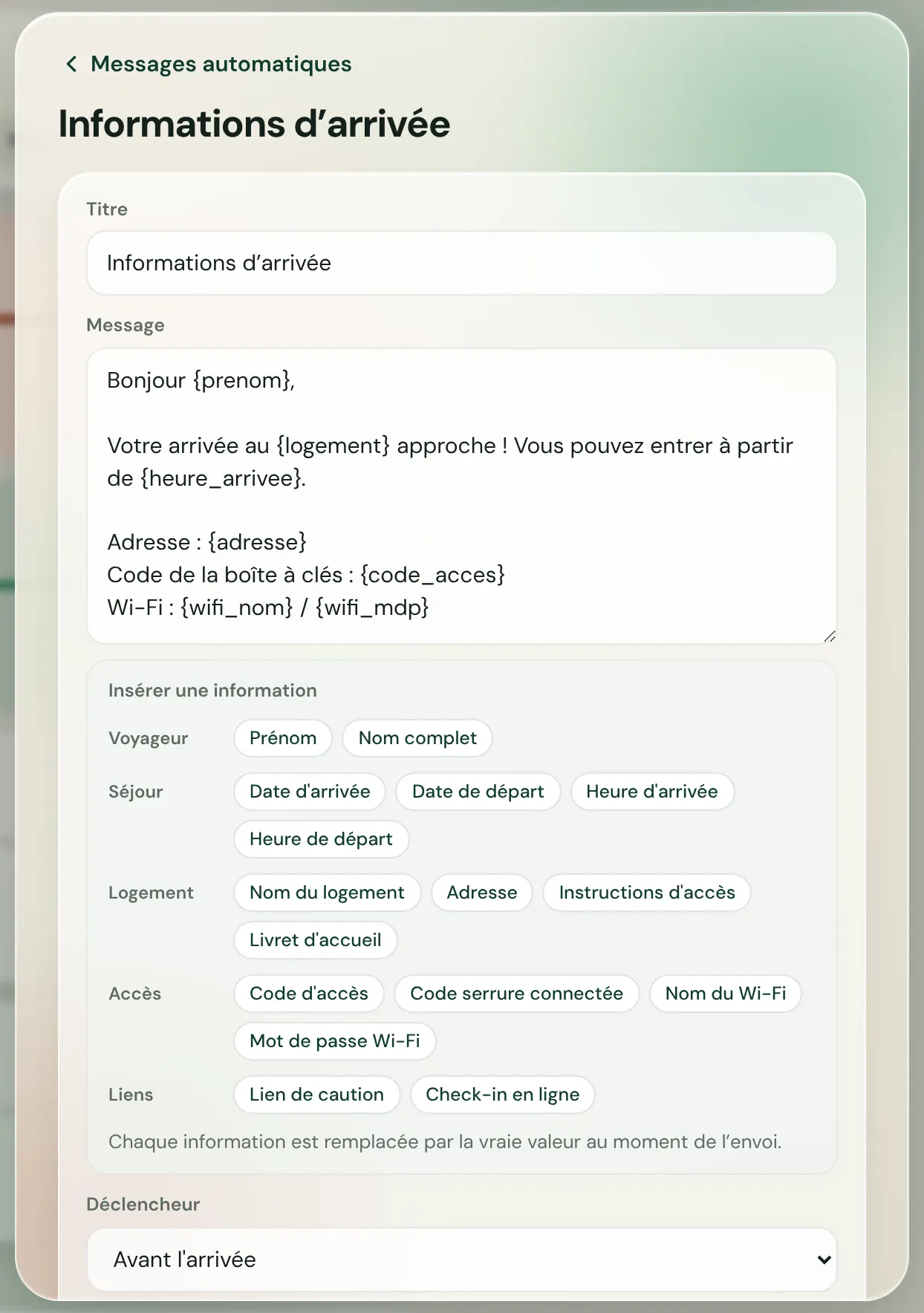 Éditeur de message automatique dans Boostinghost, avec les informations à insérer : prénom, dates, adresse, code d’accès, Wi-Fi, lien de caution