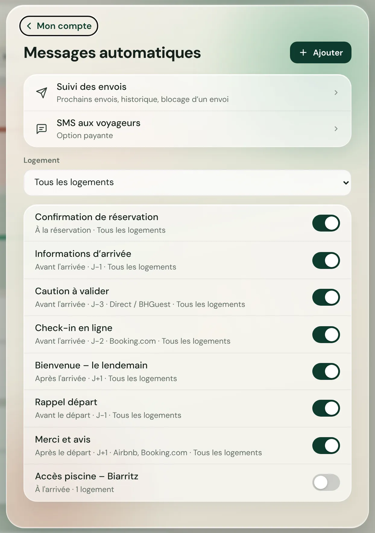 Liste des messages automatiques dans Boostinghost : confirmation, informations d’arrivée, caution, check-in, départ et avis, avec leur déclencheur