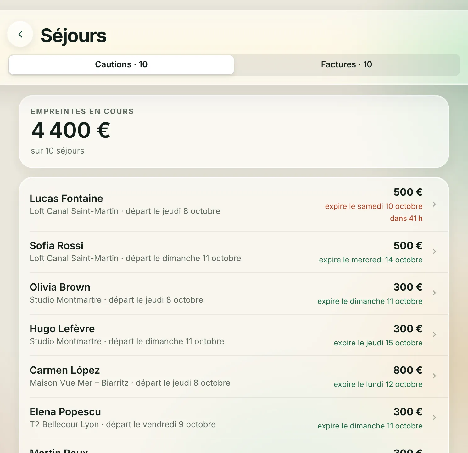 Suivi des cautions dans Boostinghost : empreintes bancaires en cours, montant et date d’expiration par séjour
